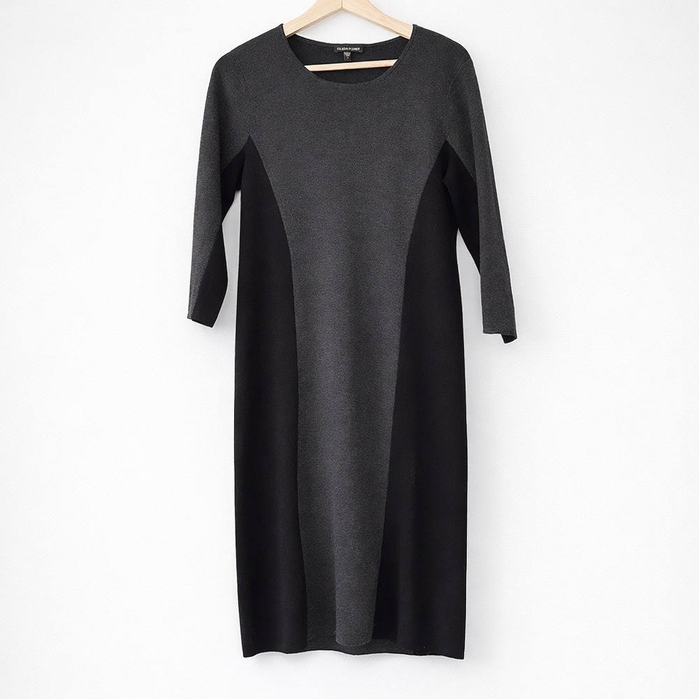 Eileen Fisher Italian Wool Dress Gray Black Colorblock Small Minimalist